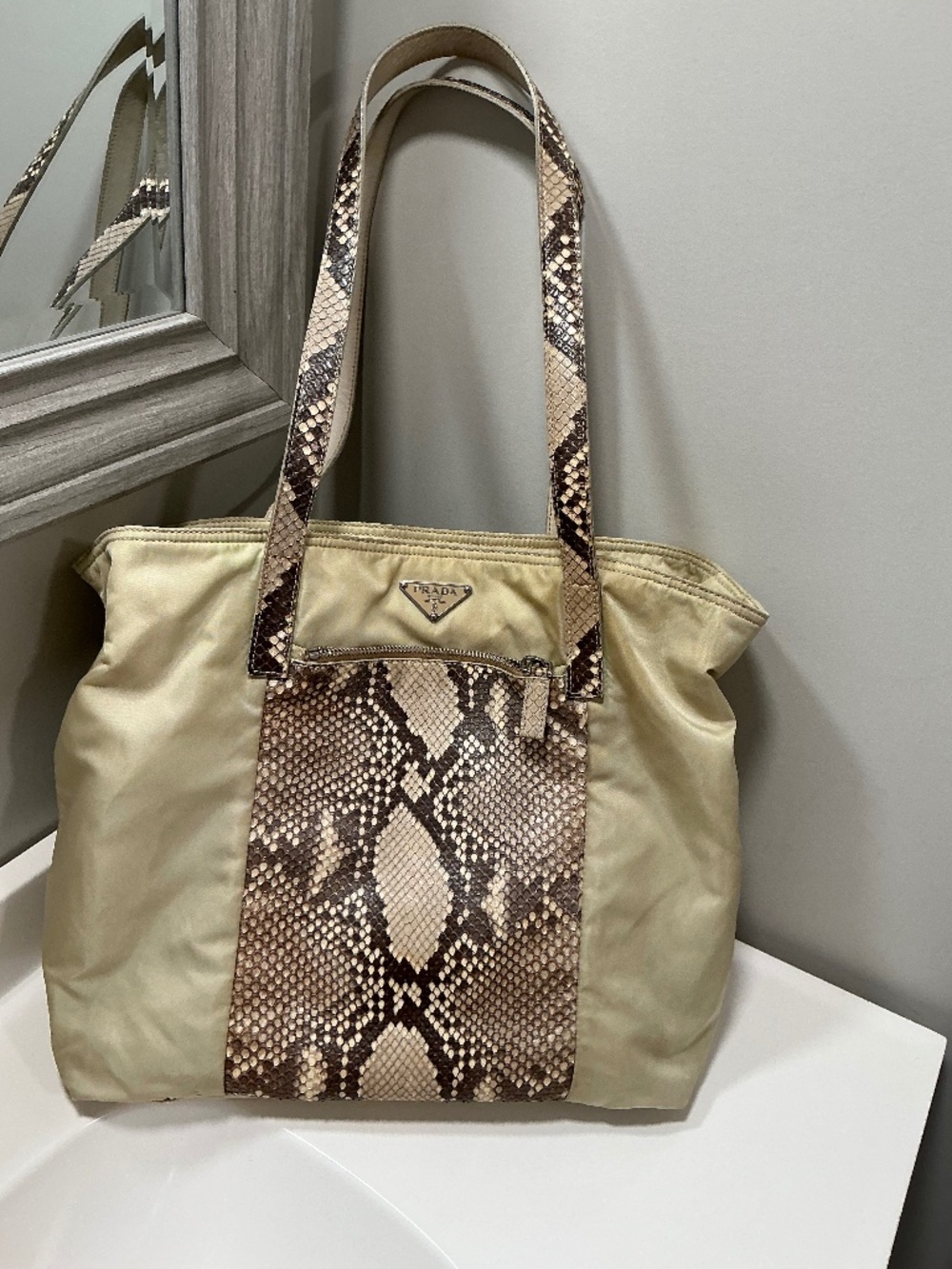 Prada beige nylon shoulder bag with genuine python accents